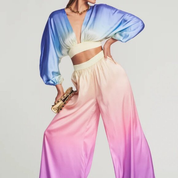 Retrofete 2-Piece Set Rainbow Sky Silk Wide Leg Pants Crop Top Set Womens Medium - Picture 1 of 14